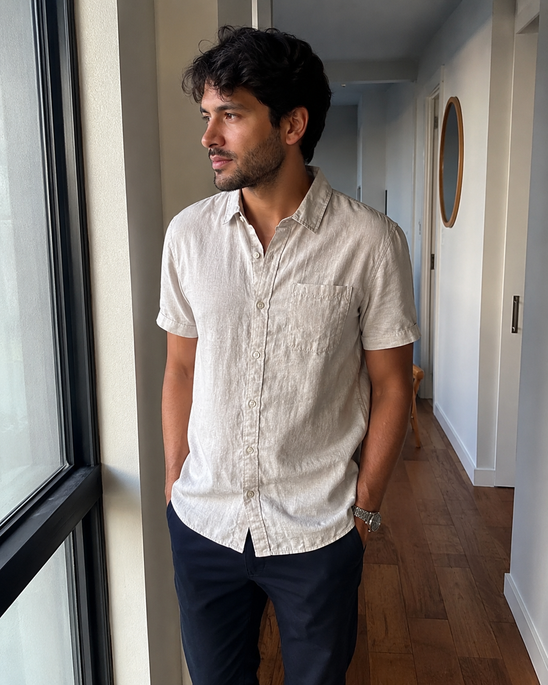 Camisa costera de lino de manga corta