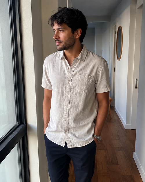 Camisa costera de lino de manga corta