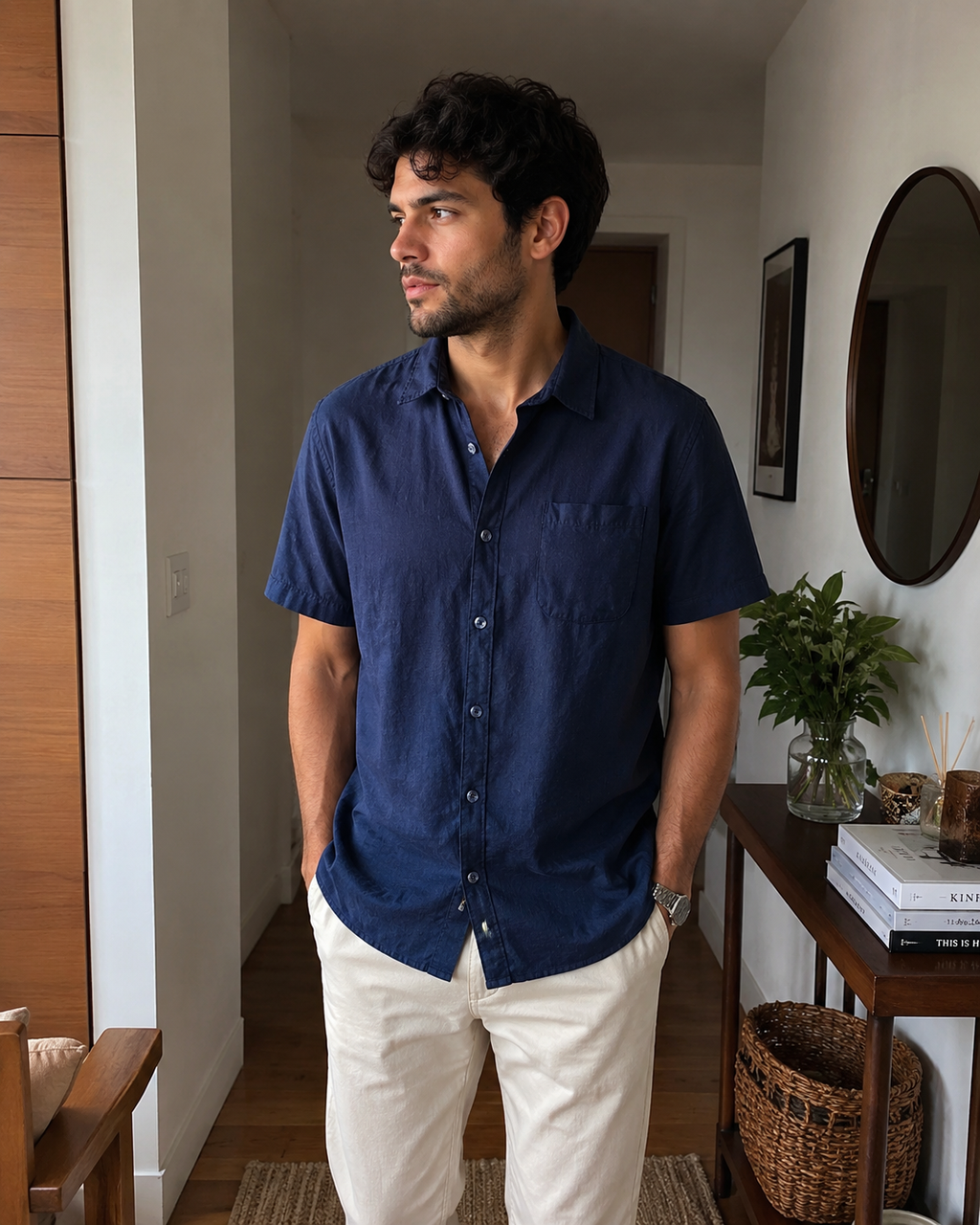 Camisa costera de lino de manga corta